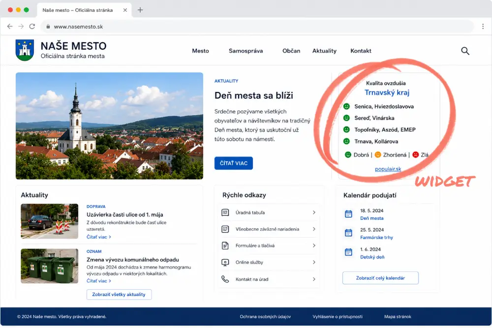 Veľká ukážka widgetu na webe mesta