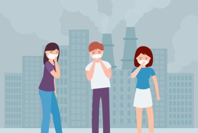 ilustrácia detí v meste počas nepriaznivej kvality ovzdusia
